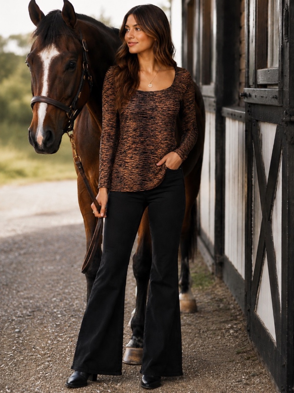 Western Connection Size Small Zebra Print Top Brown Black Animal Print